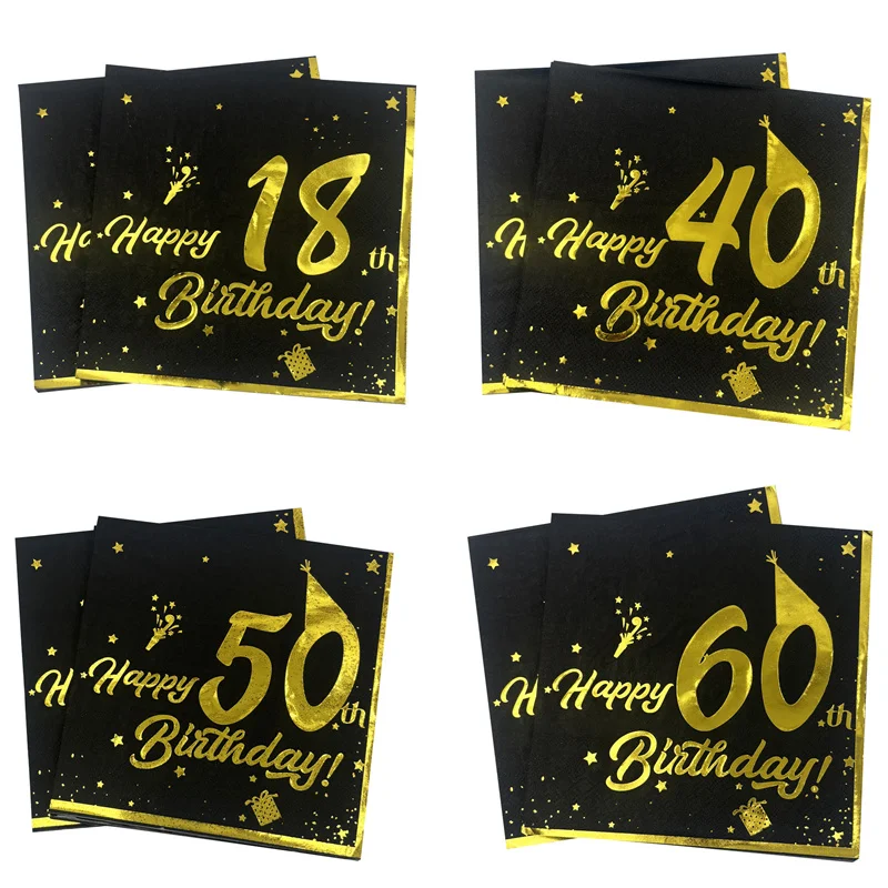 10Pcs Black Gold 18 40 50 60 Year Old Disposable Napkins Adult Happy Birthday Party Table Men Women Anniversary Party Supplies