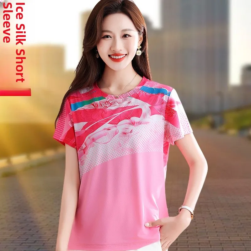 Nowa koszulka sportowa damska z jedwabiu lodowego na lato 2025, idealna do badmintona, tenisa, szybkoschnąca, modna.