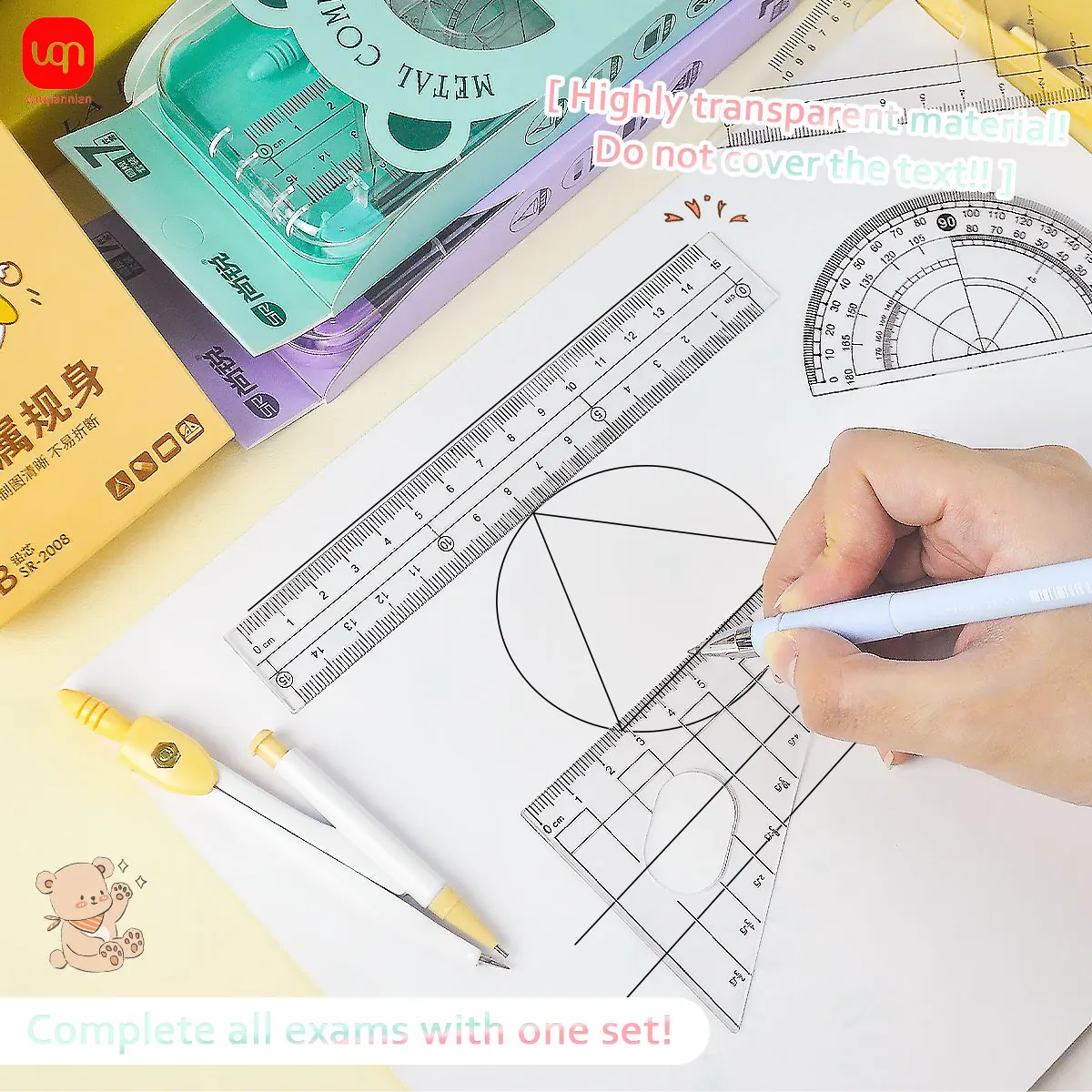 

WQN Набор красочных прочных геометрических инструментов с компасом, линейкой, ластиком, транспортиром для технического рисования и живописи, школы