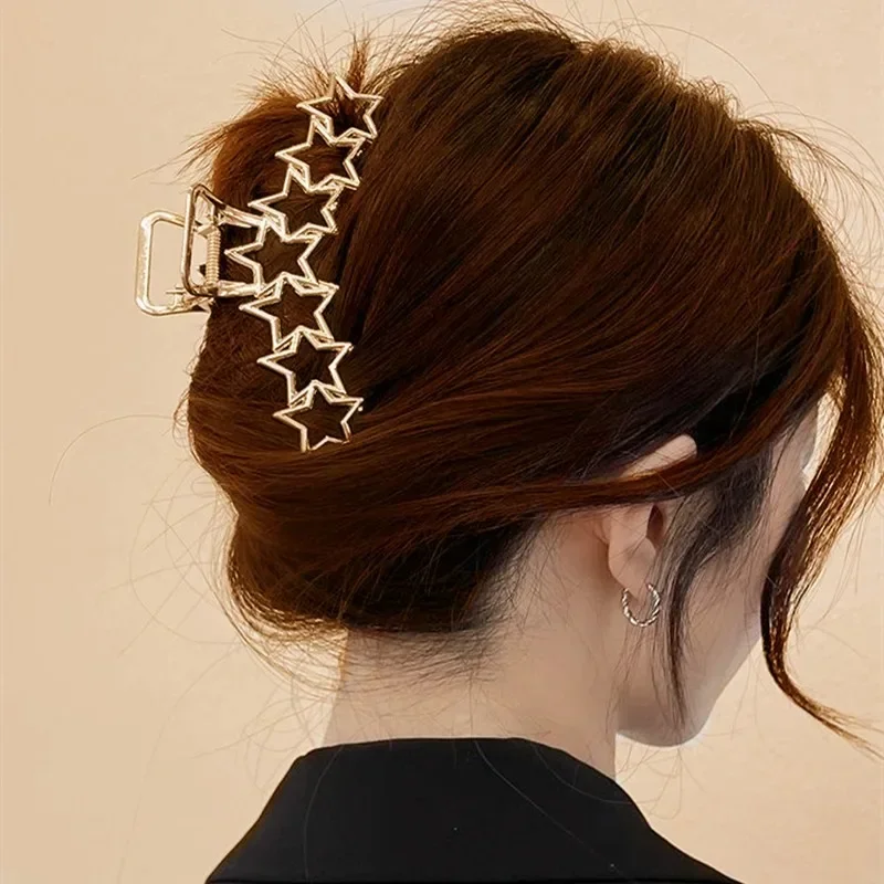 Trendy Y2K Sar Heart Nonslip Gold Silver Black Metal Hair Claw Clips for Women Korean Large Medium Novelties Crab Clamp Headwear