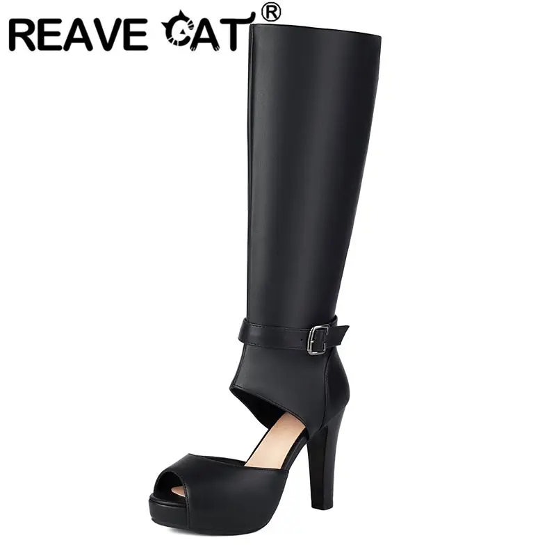 

REAVE CAT Роскошные модные женские сандалии с открытым носком на массивном каблуке 9,5 см, застежка-молния, пряжка ремня, большие размеры 41 42 43, вечерние туфли до колена