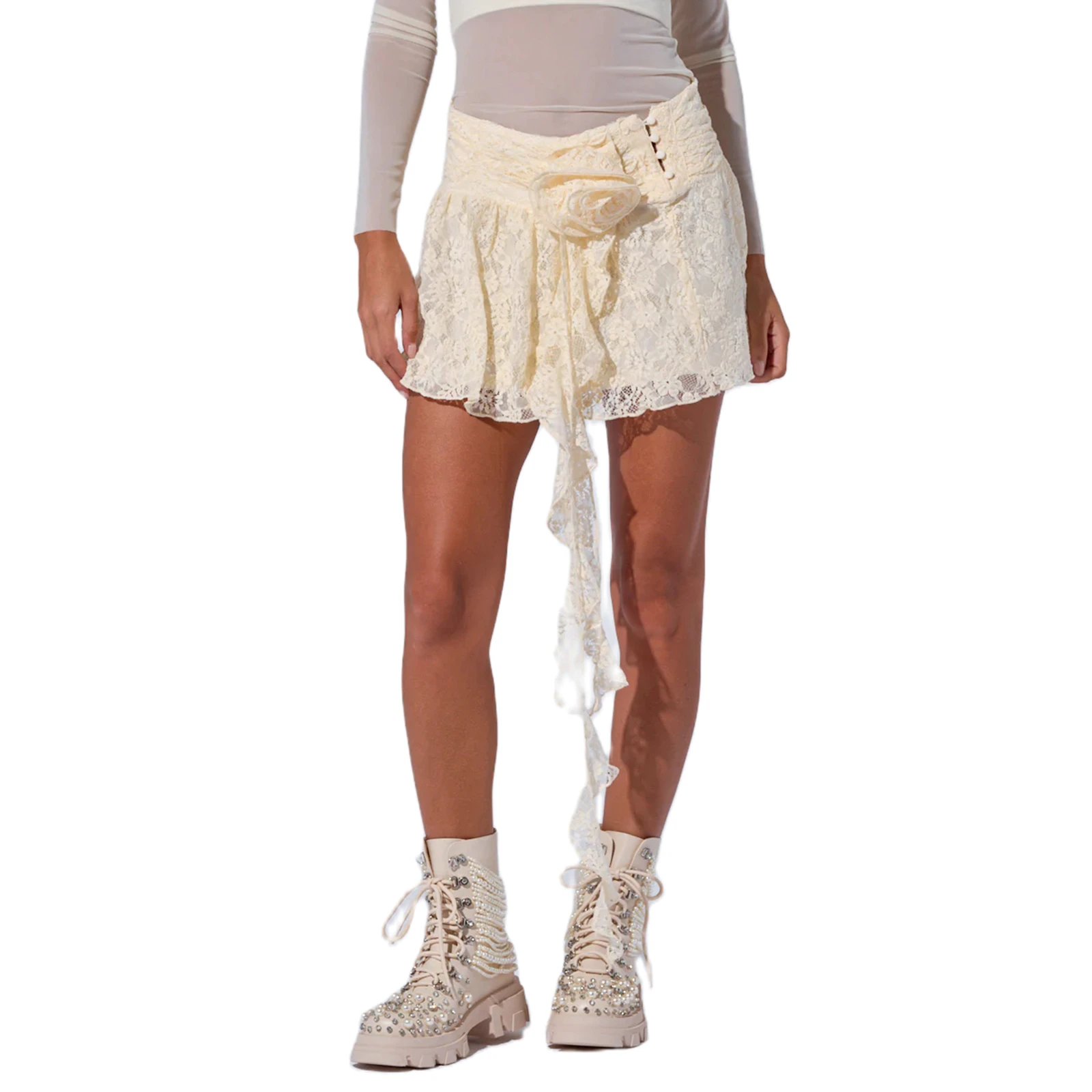 女性の夏のタッセルスカートボタンウエスト花レースミニスカートビーチ休暇パーティー日常着アウトドアアクティビティストリート