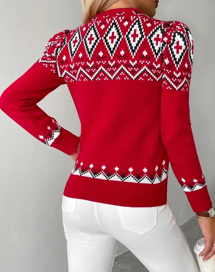 Sweater rajut pola geometris natal wanita, Sweater merah musim dingin 2024 untuk Hari Natal