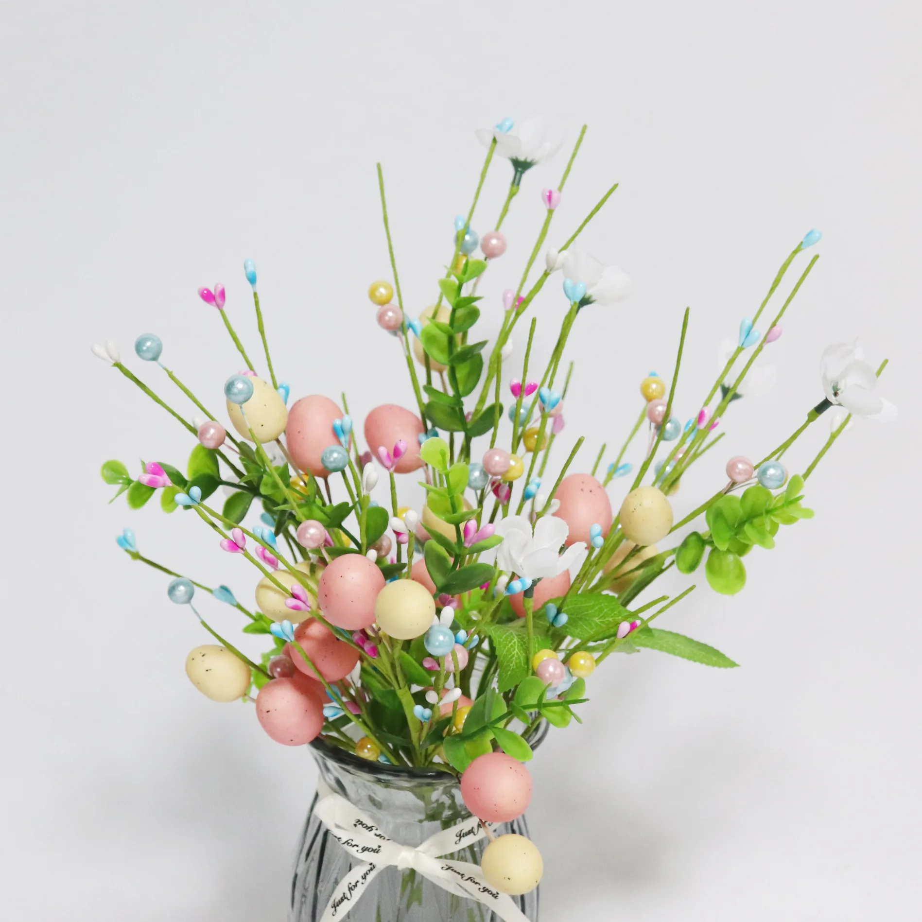 2026 Easter Decoration Artificial Egg Pearl Flower Branch Colorful Foam Eggs Branches DIY Bouquets for Easter Party Home Decors
