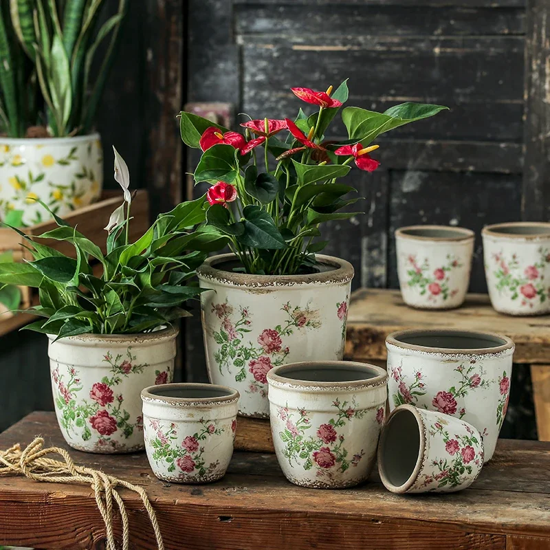 Retro Ceramic Flower Pot Home Decorations French Rose Creative Pastoral Flowerpots Outdoor Patio Large Garden Pots & Planters