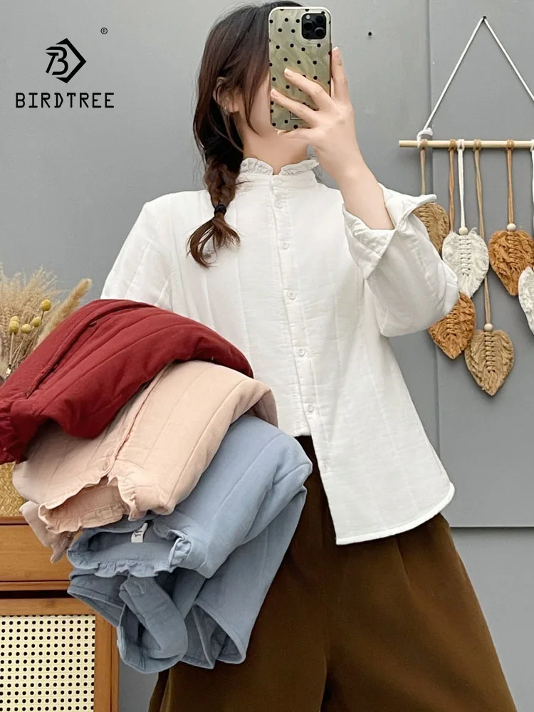 

Новая зимняя рубашка с хлопковой подкладкой 2025, женская лоскутная рубашка с оборками-стойкой, модная теплая свободная верхняя одежда Mori Girl на рабочем месте C5N956CC