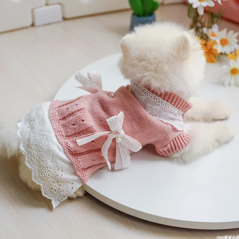 1PC Pet Clothing Dog Cat Autumn/Winter Pink Lady Knitted Skirt Suitable for Small and Medium sized Dogs