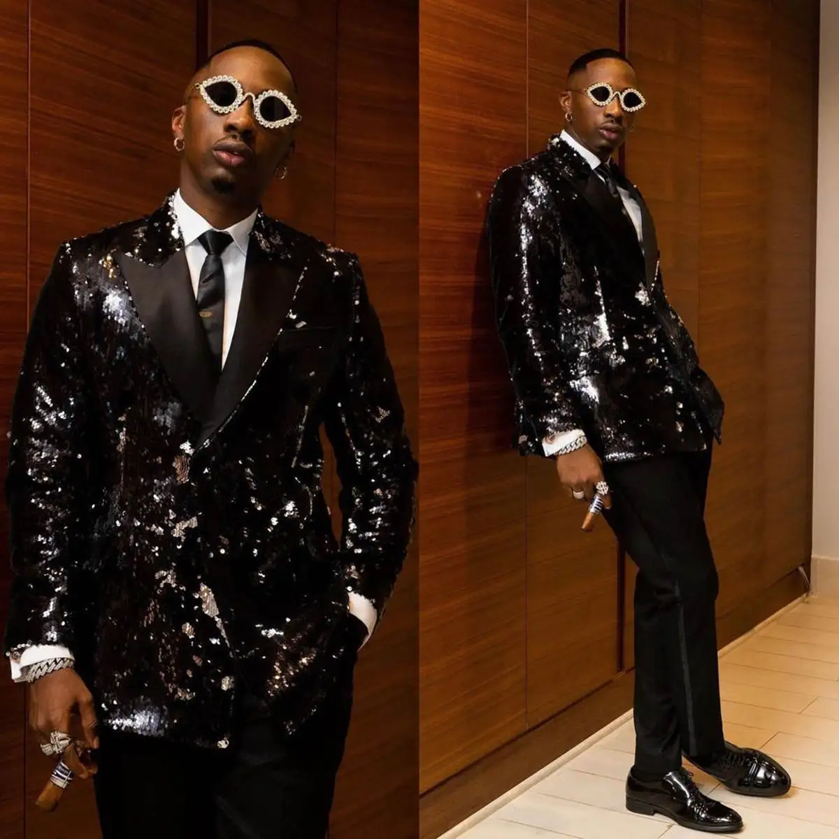 

Sparkly Sequined Wedding Suits For Groom Peaked Lapel Tuxedos Double Breasted Belt 2 Pcs Jacket with Pants Business Customized