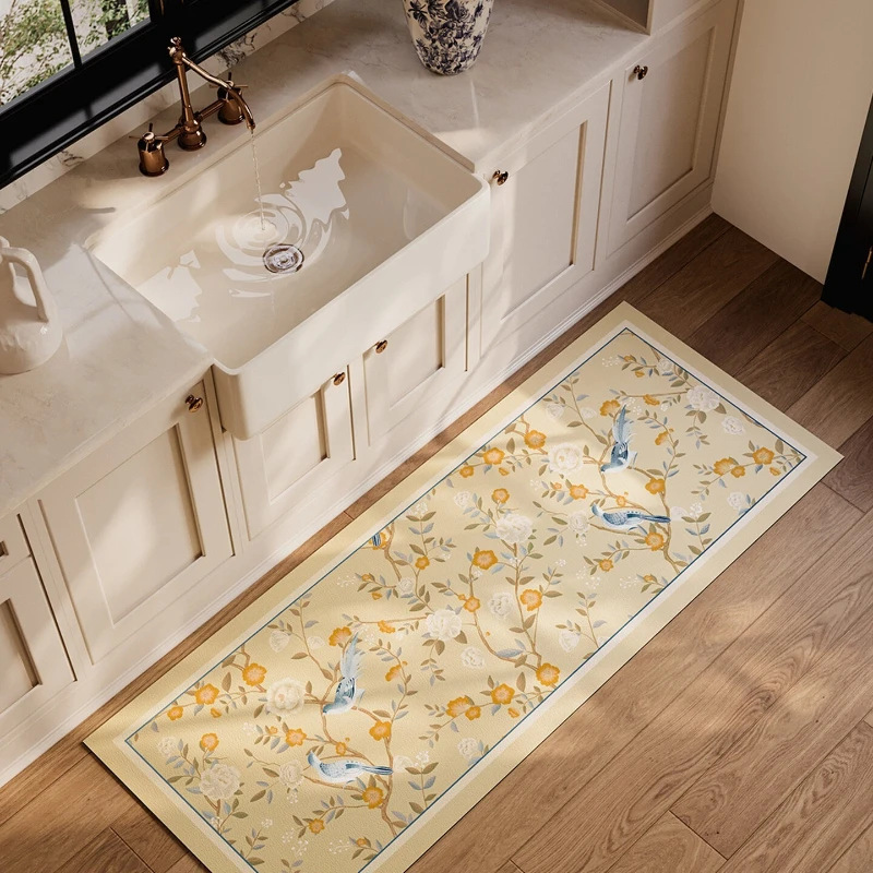 Bird Floral Print PVC Leather Kitchen Rug Waterproof Oil-proof Stain-resistant Carpet Large Area Non-slip Floor Mats Alfombra 러그