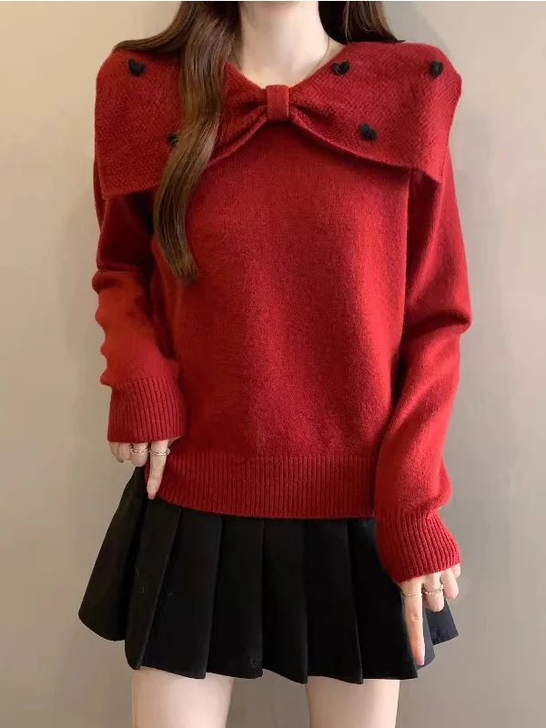 

Red Knot Knitted Sweater Women's plus Size Loose Fit Winter Fashion Commute Style Long Sleeve Top for Spring Festival
