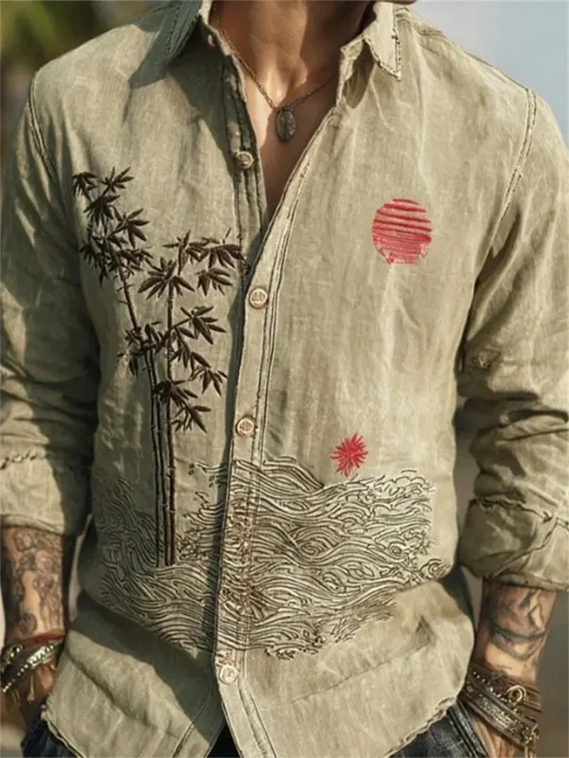 Men's Japanese Ink Blue Dyed Octopus Calligraphy Seal Denim 3D Printed Lapel Long Sleeved Shirt Clothing