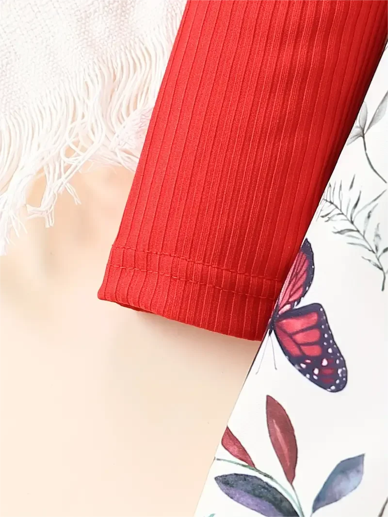 فستان بناتي كاجوال بطبعة فراشة وأكمام طويلة ورقبة دائرية مع حزام 95% بوليستر 5% سباندكس مع مرونة طفيفة #5