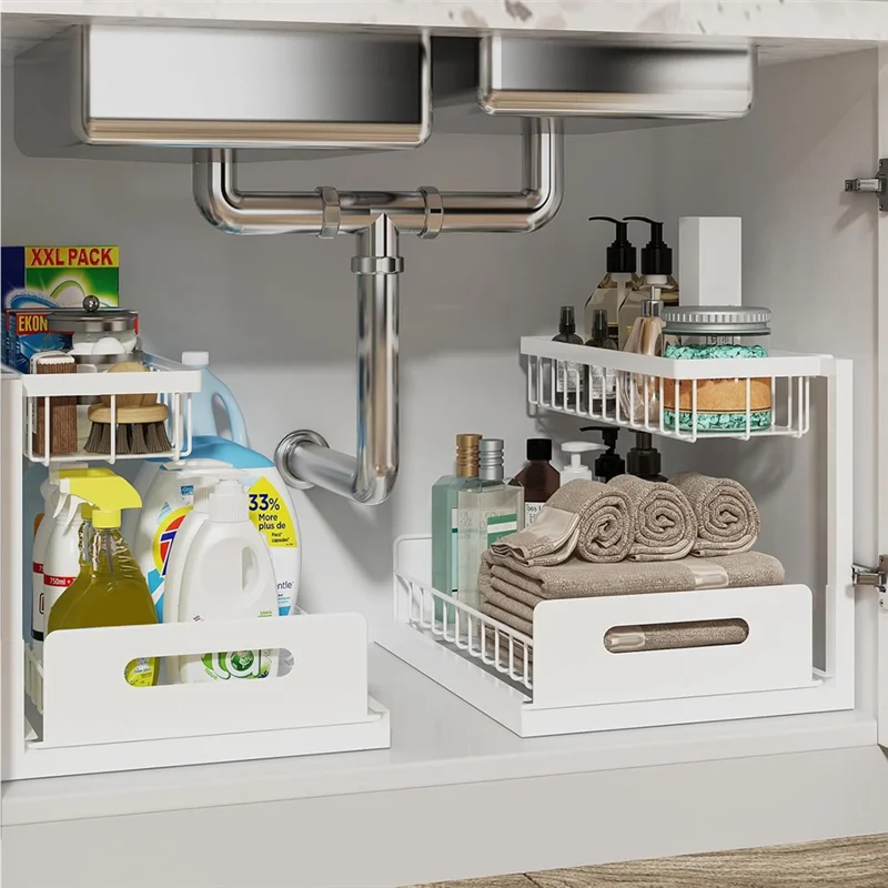 

T98C-Storage Shelves, Pull Out Cabinet Organizer 2 Tier Slide Out Sink Shelf Organizer For Kitchen Bathroom