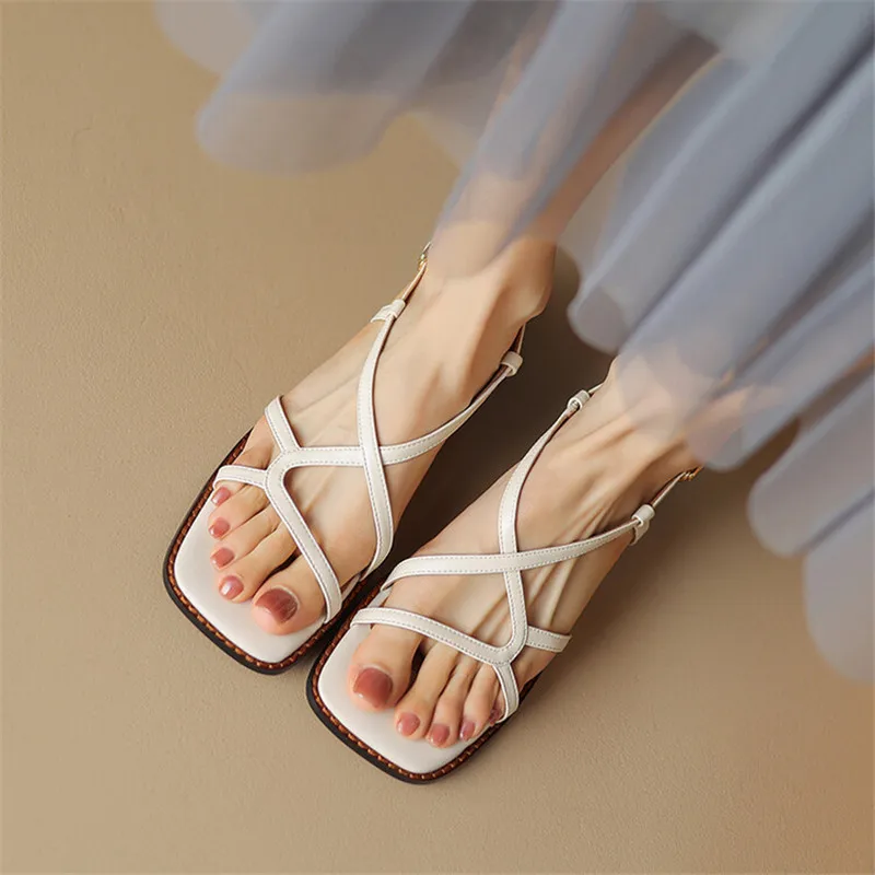 Split Leather Summer Sandals 2023 Square Toe Sandals Cowhide Roman Shoes Women Handmade Low Heel Shoes for Women Zapatos Mujer