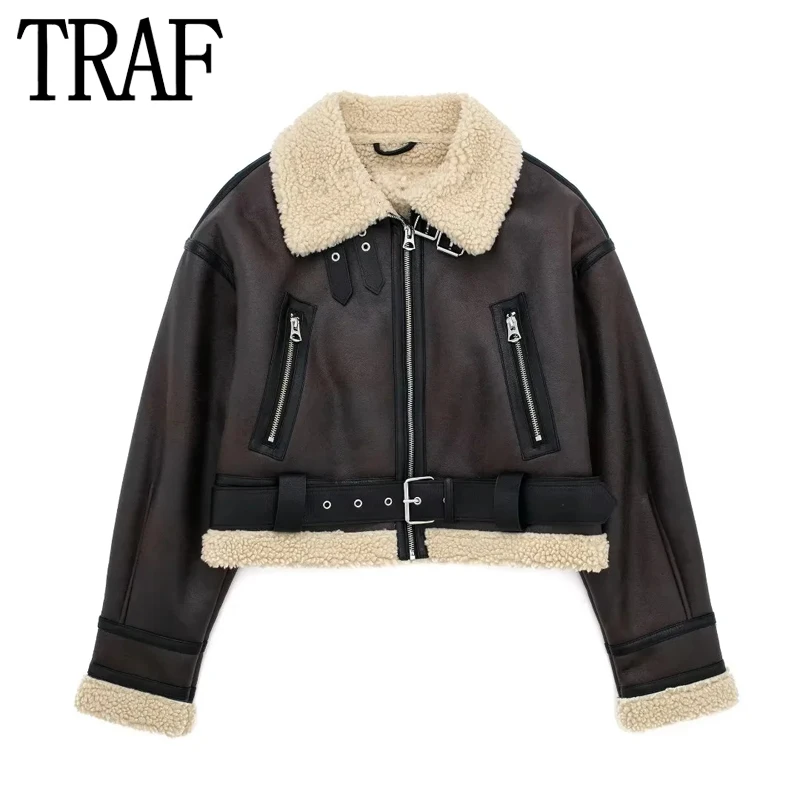 

TRAF Double Faced Cropped Jacket Women Zip Up Faux Leather Jacket Women Faux Shearl Short Coats Fleece Women's Winter Jacket