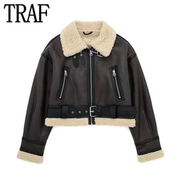 TRAF Double Faced Cropped Jacket Women Zip Up Faux Leather Jacket Women Faux Shearl Short Coats Fleece Women's Winter Jacket