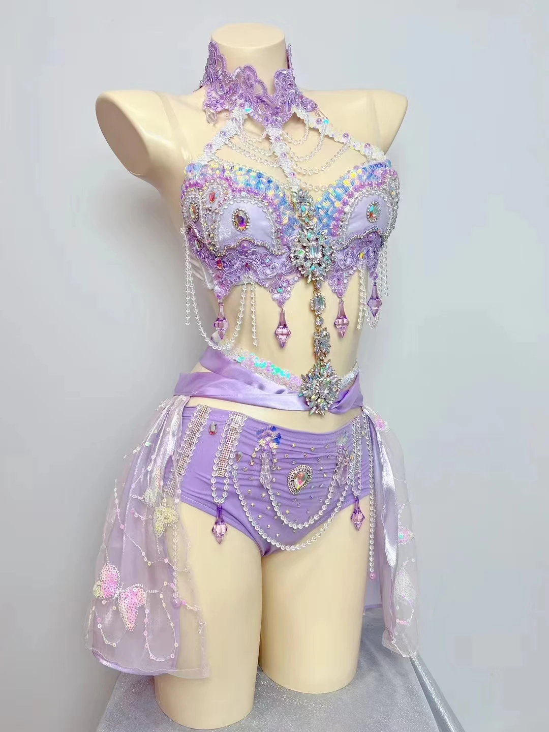 Desempenho de palco de luxo roxo strass lantejoulas biquíni rave outfit dj cantor boate roupas de festival de música elétrica