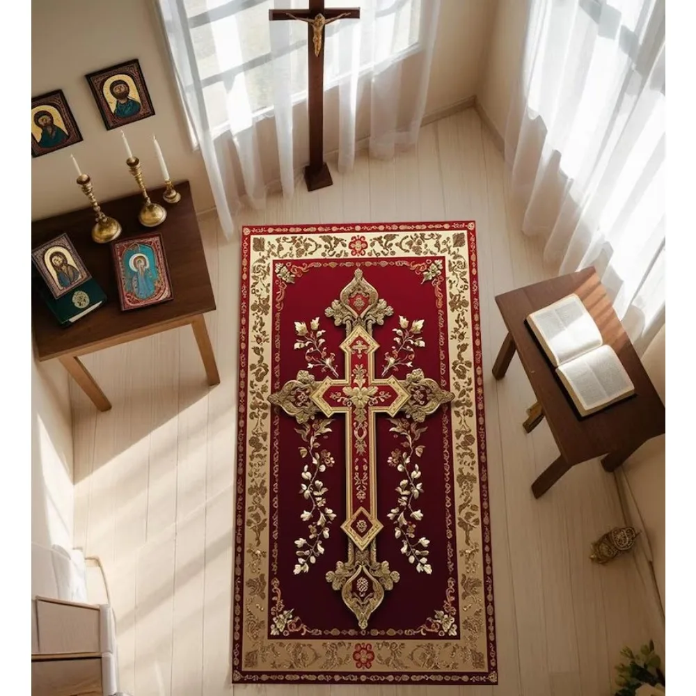 Religious Cross Carpet Mat Rug - Gold Pattern Red Background Floor Decor for Living Room Home Decoration Carpets for Living Room