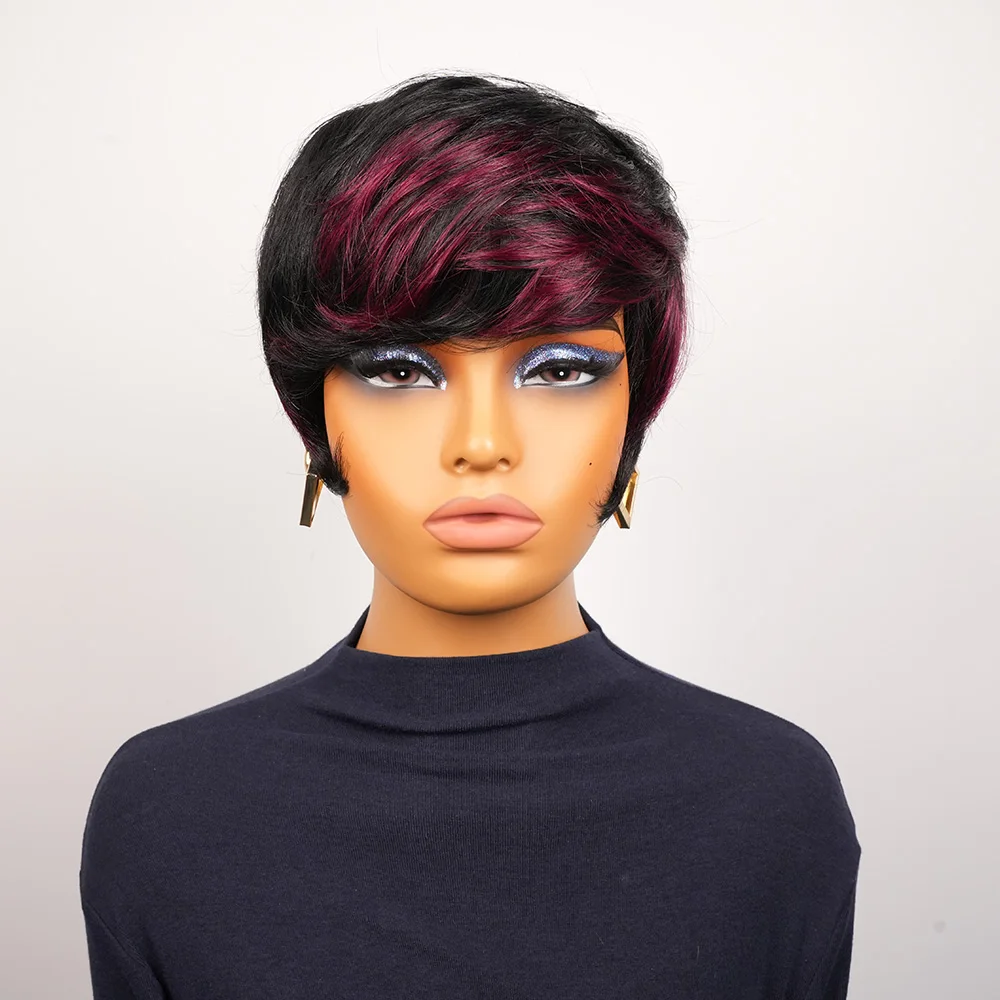 Peruki z krótkimi włosami dla czarnoskórych kobiet, peruki pixie cut wykonane maszynowo z grzywką, czarne z czerwonymi warstwami, peruki bob dla kobiet.