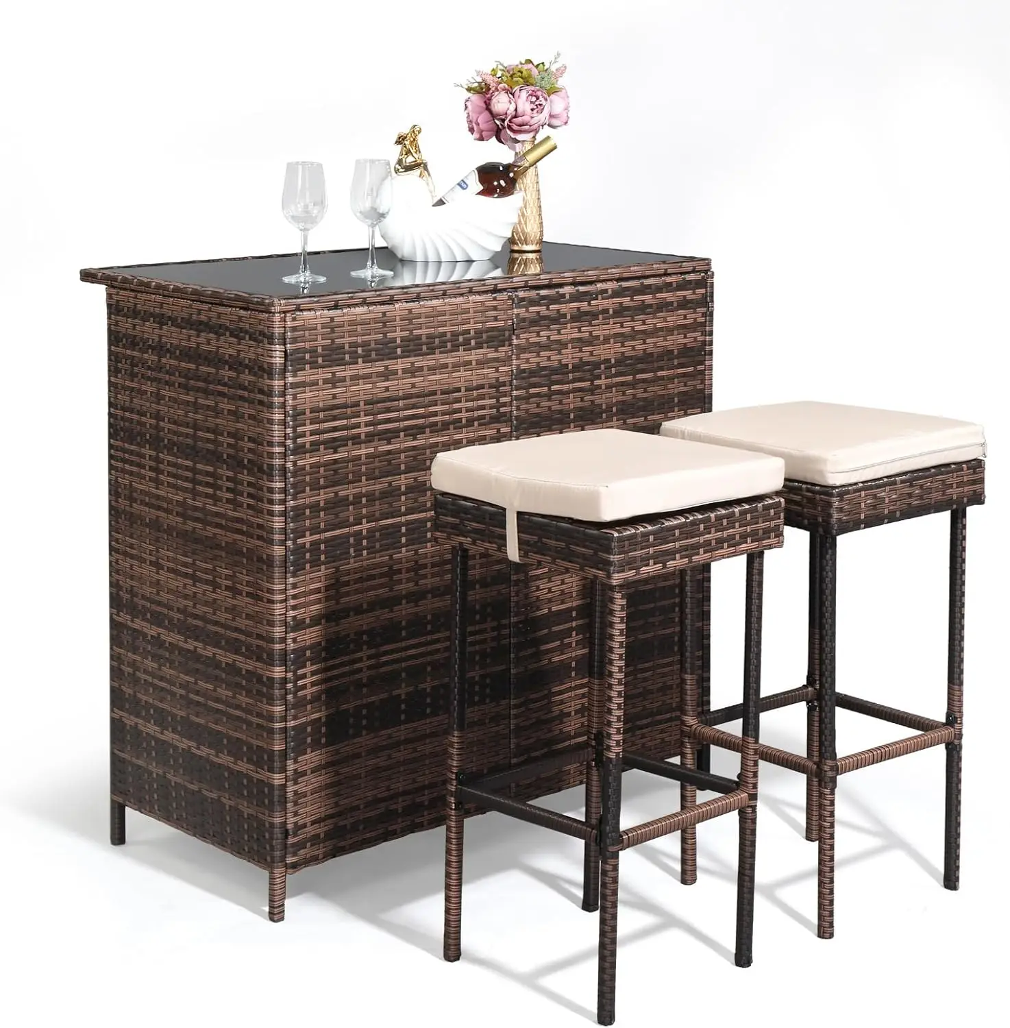 

Outdoor Bar Table, 3 Piece Rattan Patio Bar Set with Stools 40" Height Tempered Glasstop Bar Table All-Weather Brown Wicker