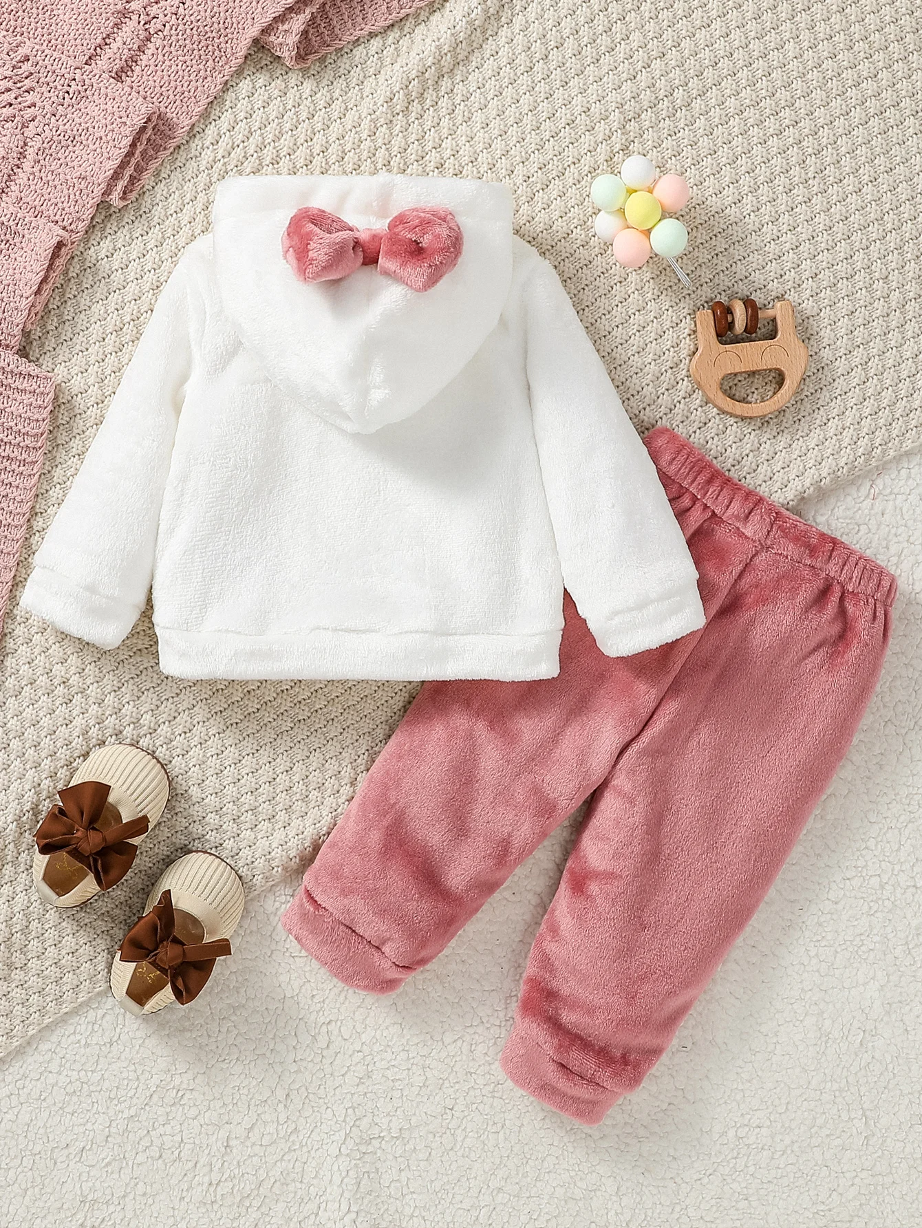 Baby Girls Autumn/Winter Plush Hoodie Sweatshirt With Bow Cartoon Cat & Trousers For 6M-3Y Casual Cute Set