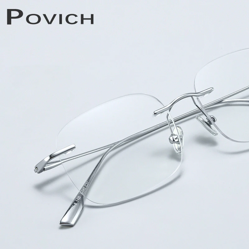 POVICH Hot Rimless Glasses Titanium For Women Shining Silver Frame Myopia Prescription Reading Eyewear Optical Square Ocular