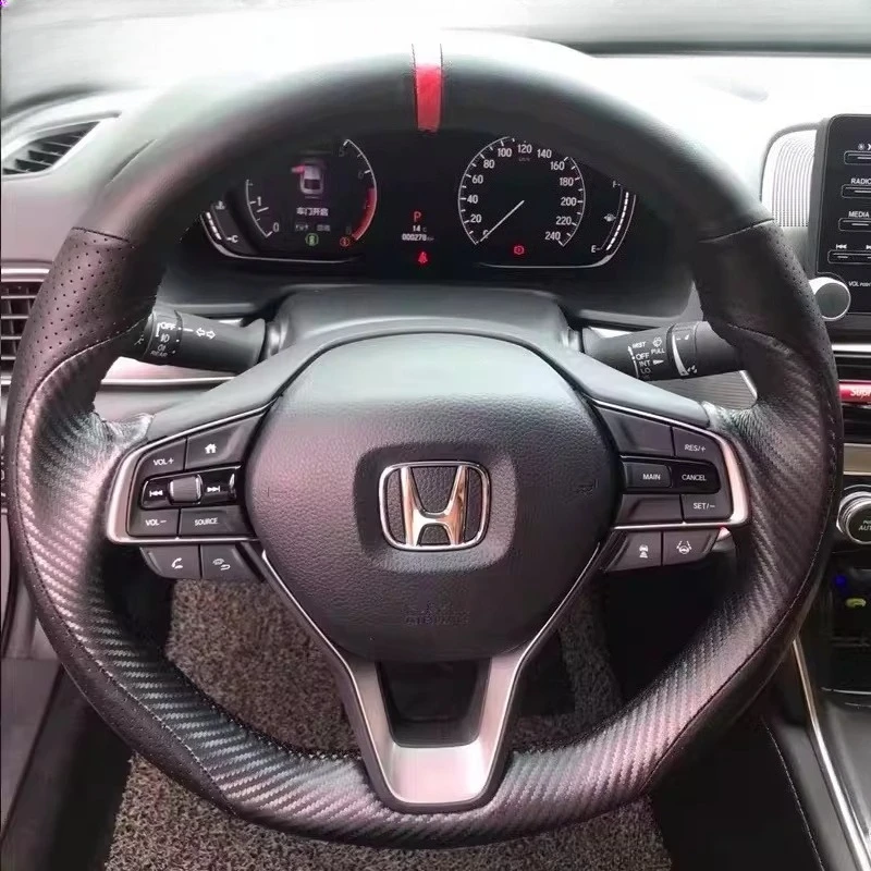 

Сшитый вручную нескользящий черный чехол на руль из углеродного волокна из натуральной кожи для Honda Accord 10 2018-2020, Insight 2019