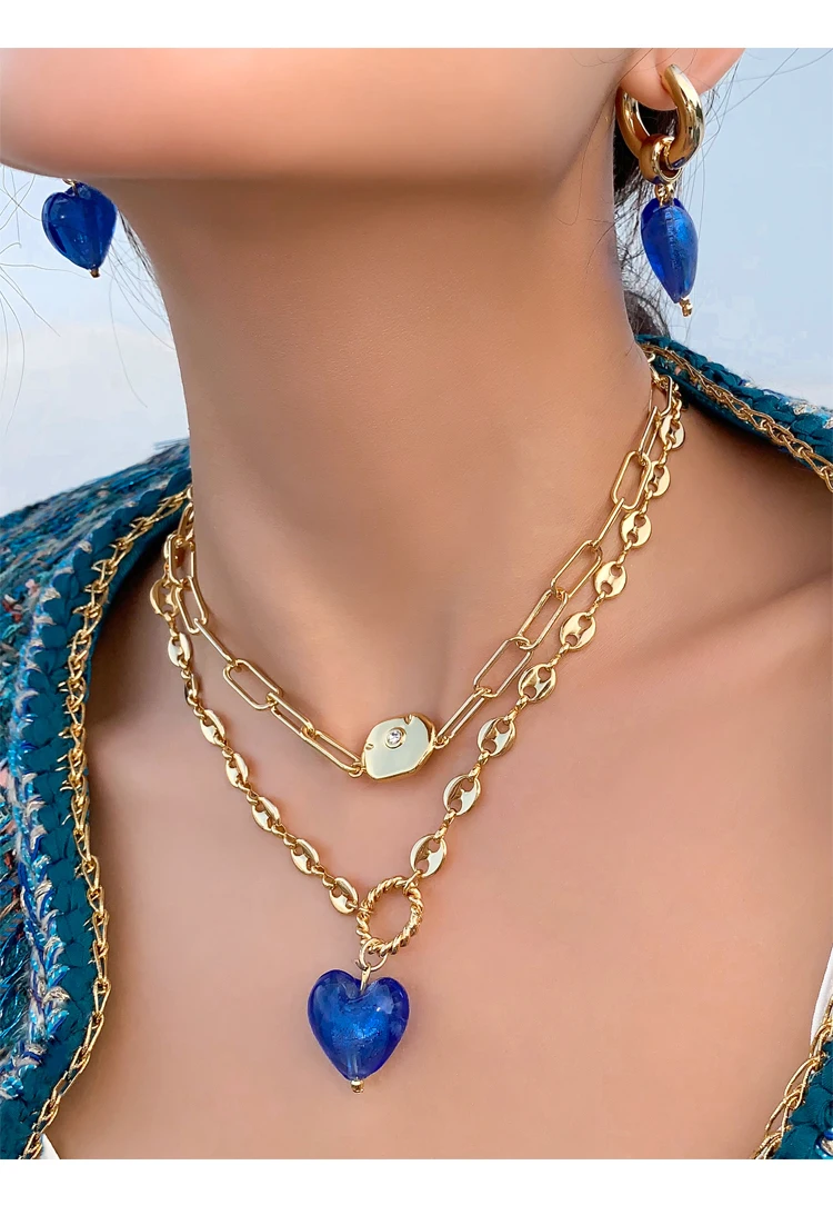 

Brass With 18K Gold Colorful Galss Heart Necklace Women Jewelry Runway Gown Hiphop Boho Rare Glam Japan Korean Fashion