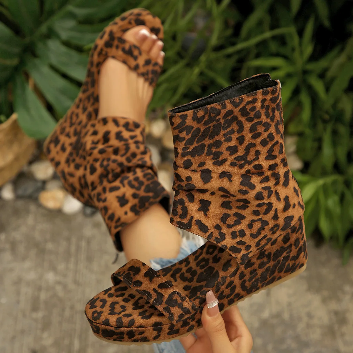 HKDQ Women's Sandals Wedge Open Toe Ankle Boot Hybrid Suede-Look Animal Print Slouchy Casual Fashion Summer Daily Footwear Style
