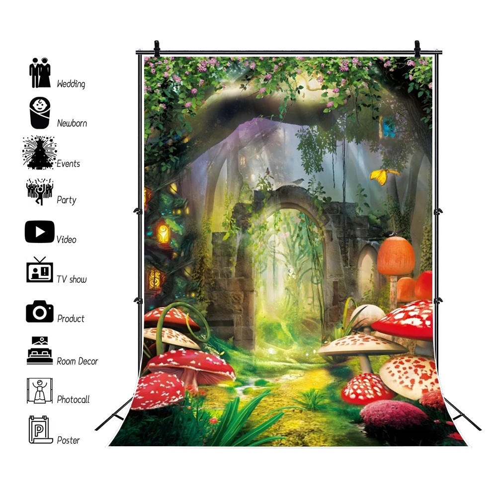 Fairy Tale Enchanted Forest Photography Backdrop Dreamy Wonderland Mushroom Jungle Baby Shower Birthday Decor Photo Background