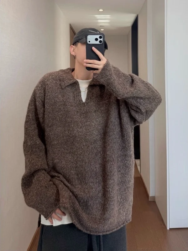 

High Quali Large Size 300 Pou Autumn Winter Vintage Loose Soft Thi Knitwear Men's Trendy V-ne Cuffed Sweater
