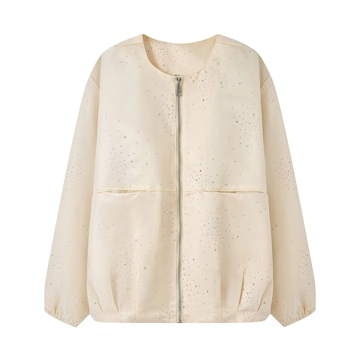 

European Fashionable Simple Versatile Bright Coat Autumn New Bomber Jacket Diamond Round Neck Coat Zipper Long Sleeve Outwear