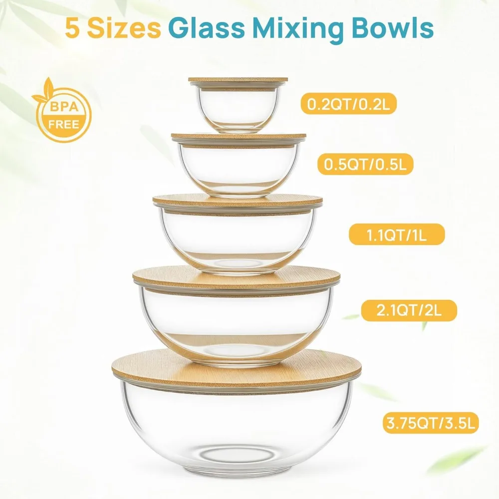 

5-Piece Glass Mixing Bowls with Bamboo Lids Set (3.75/2.1/1.1/0.5/0.2 QT) - Nesting Kitchen Bowls for Cooking, Baking & Storage