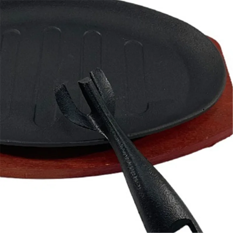 

Kitchen Pan Korean Cast Iron Barbecue Pot Fried Striped Steak BBQ Grilled Plate Round Gousehold Baking Raosting Pan Wooden Tray