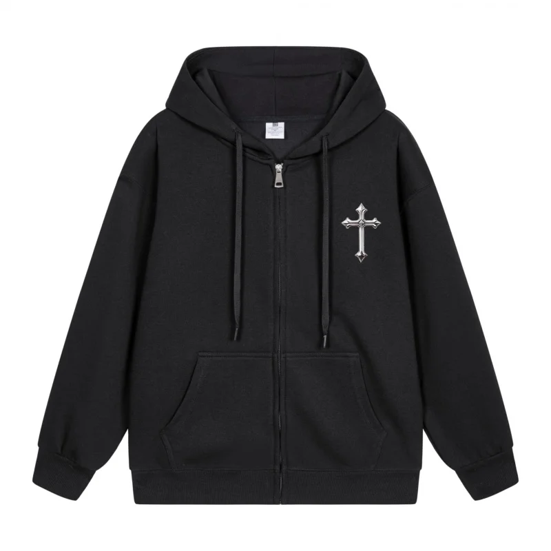 

Men's Zip-Up Hoodie Black Hoodie With Cross Design 2025 New Style Casual Couples’ Style Casual and Loose