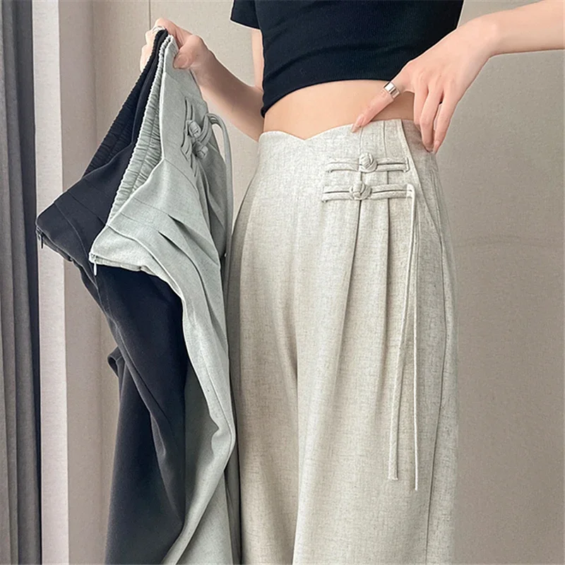 Cotton and Linen Pants for Women 2024 Spring Summer Retro Chinese Style High Waist Full Length Straight Casual Pants Female