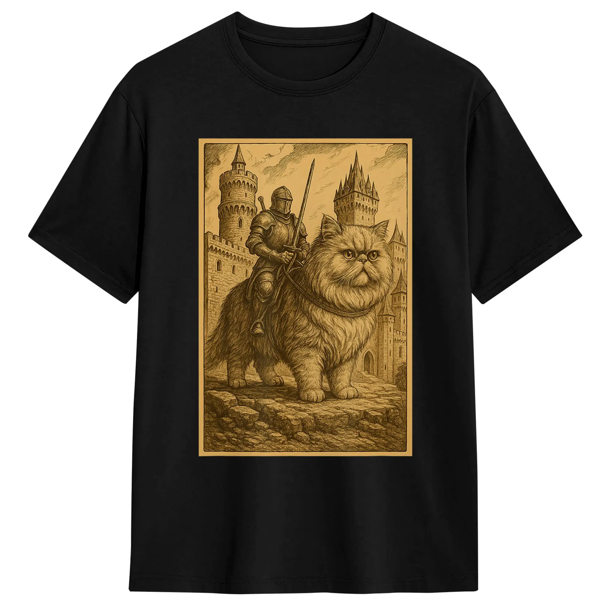 Camiseta de algodón con diseño de caballero medieval montando una gata persa para hombre, camisetas de verano, ropa de calle, camiseta informal, camisetas de gran tamaño