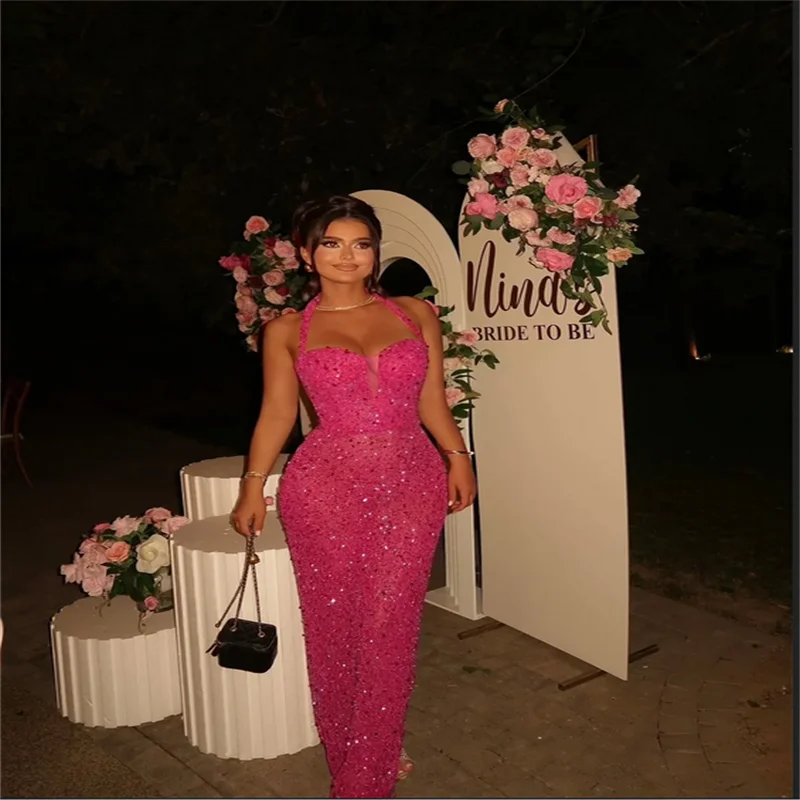 Robes de soirée sirène personnalisées, col licou, paillettes brillantes, perles, sans manches, longueur au sol, robe de bal, 2026 ﻿