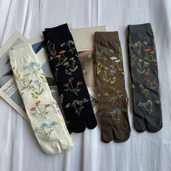 Elegant Retro Cute Combed Cotton Split Toe Woman Socks Plant Floral Patterns Soft Two-Toed Japanese Harajuku Women's Tabi Sox