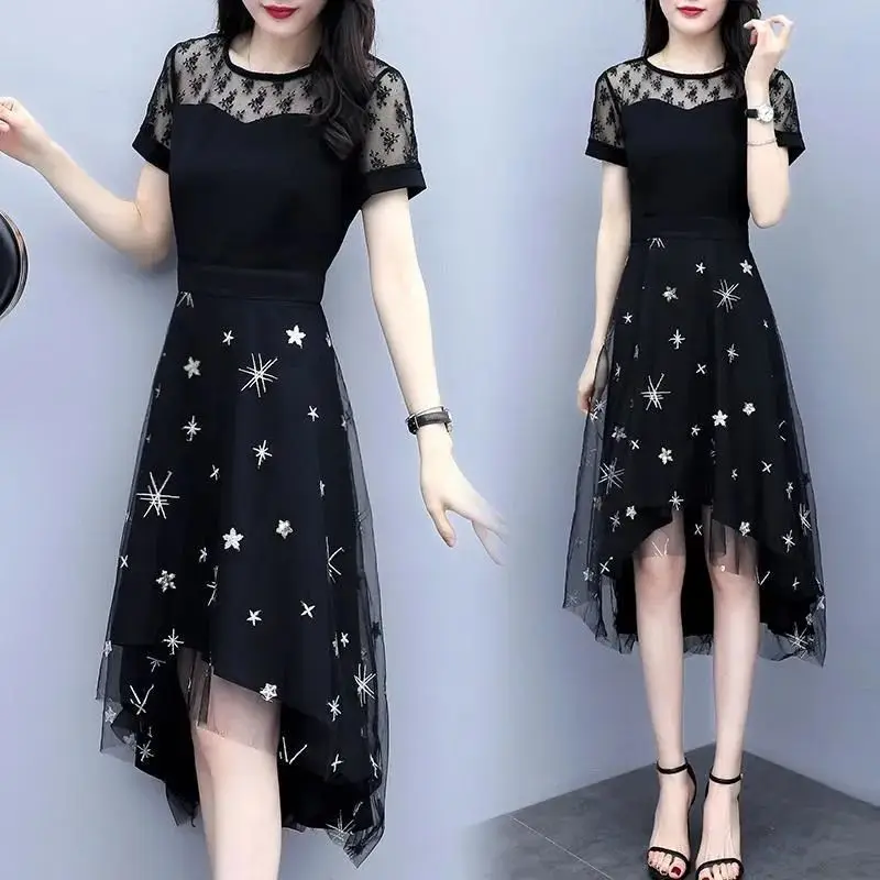 Summer Robe Short Sleeve New Women's Clothing Round Neck Fashion Style Large Size Elegant Female Clothing Loose Slim Lace Dresse