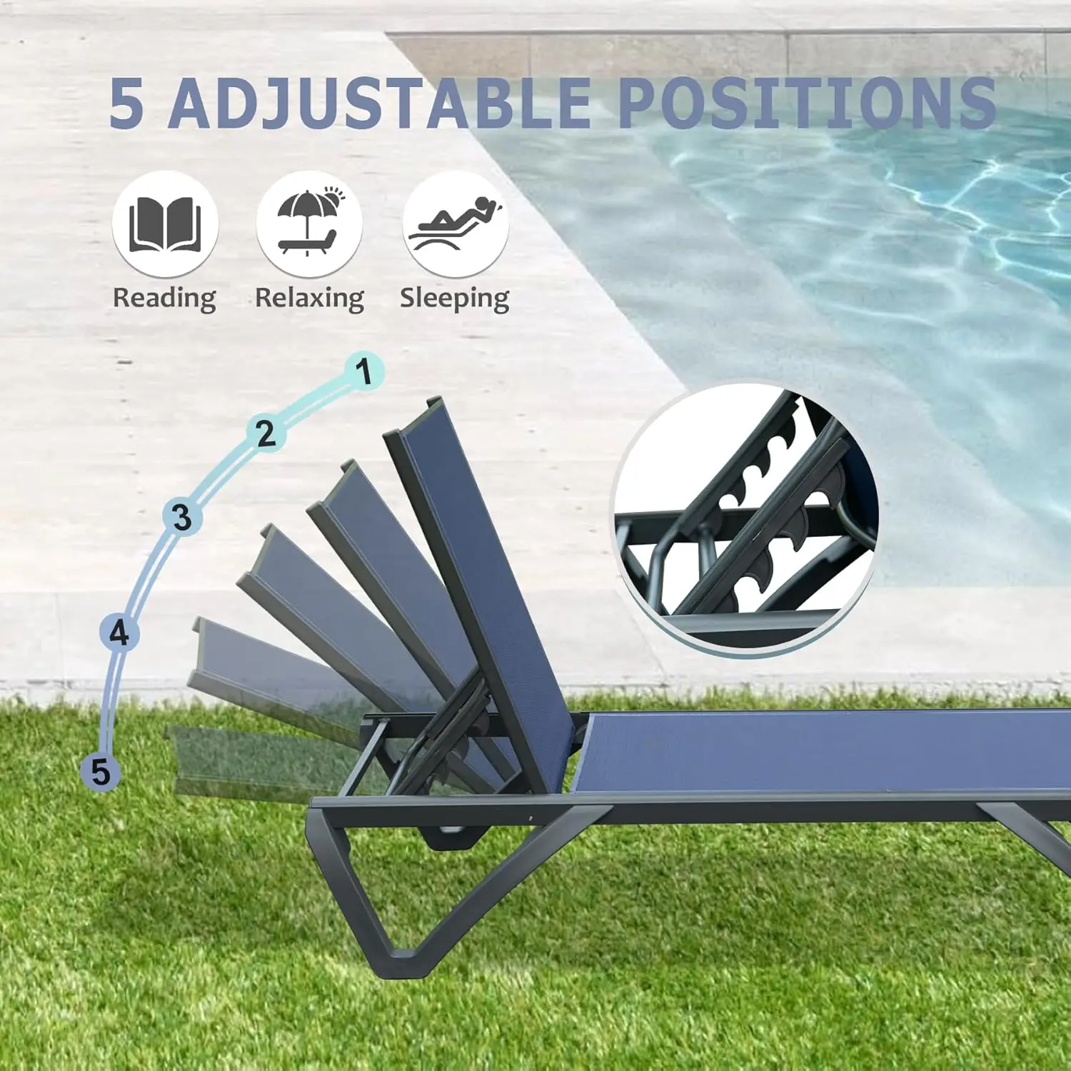 Domi Patio Sillones Juego de 2 Chaise Lounge de piscina de aluminio con respaldo ajustable de 5 posiciones y ruedas Azul marino