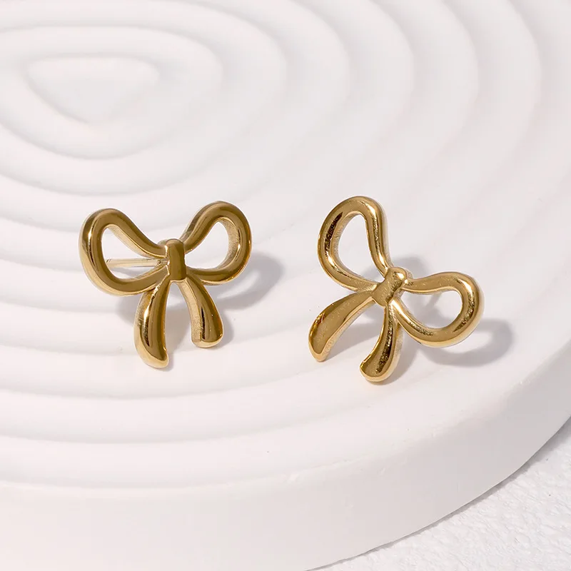 Trendy Women's Hollow Bow Stud Earrings Gold Plated Stainless Steel Allergy Preventing Fashion Jewelry pendientes mujer