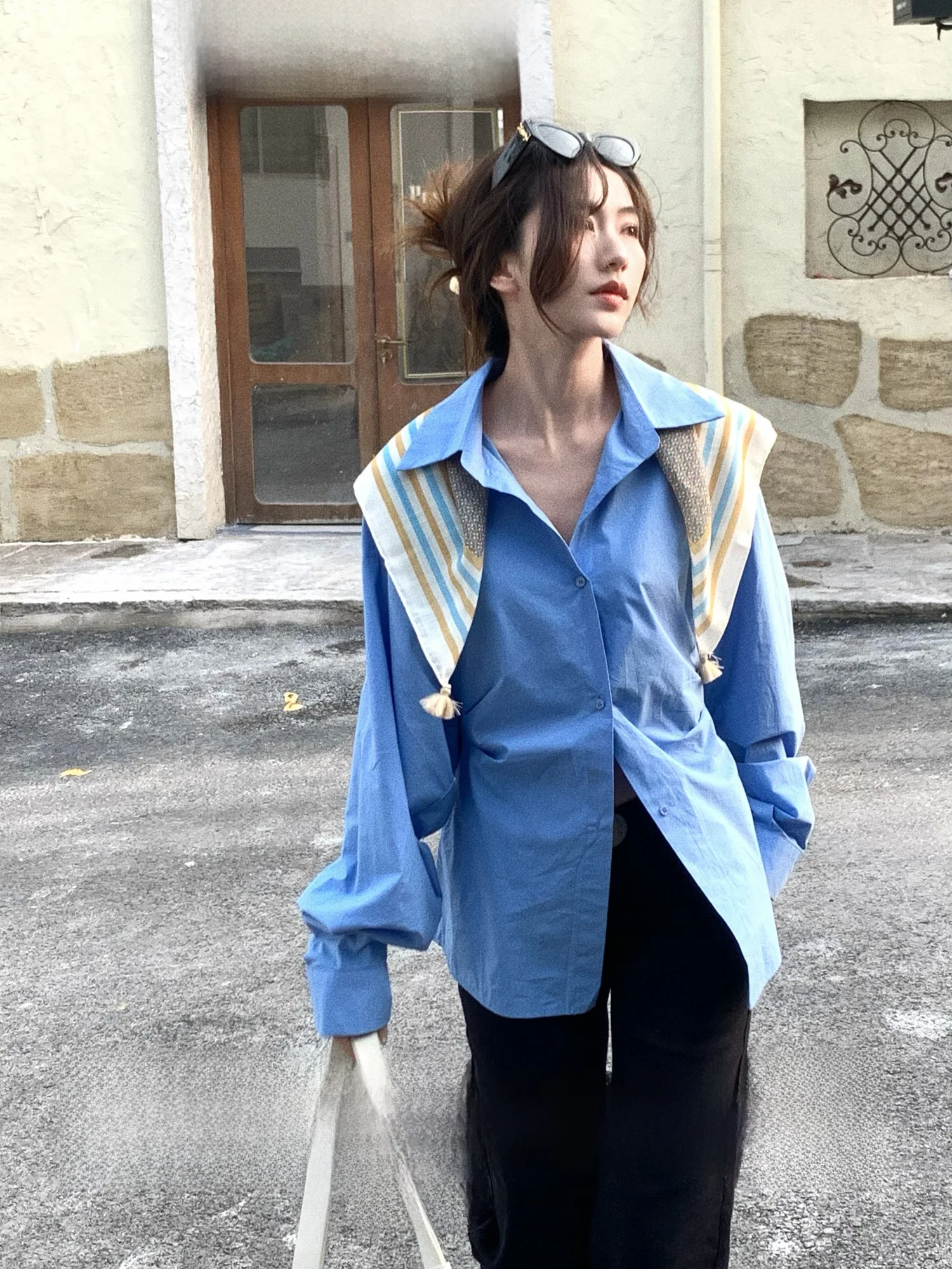 

Slimming Batwing Sleeve Shirt Women's Design Sensation Color Block Shirt French Style Loose Fit Cotton Pure Color Neck
