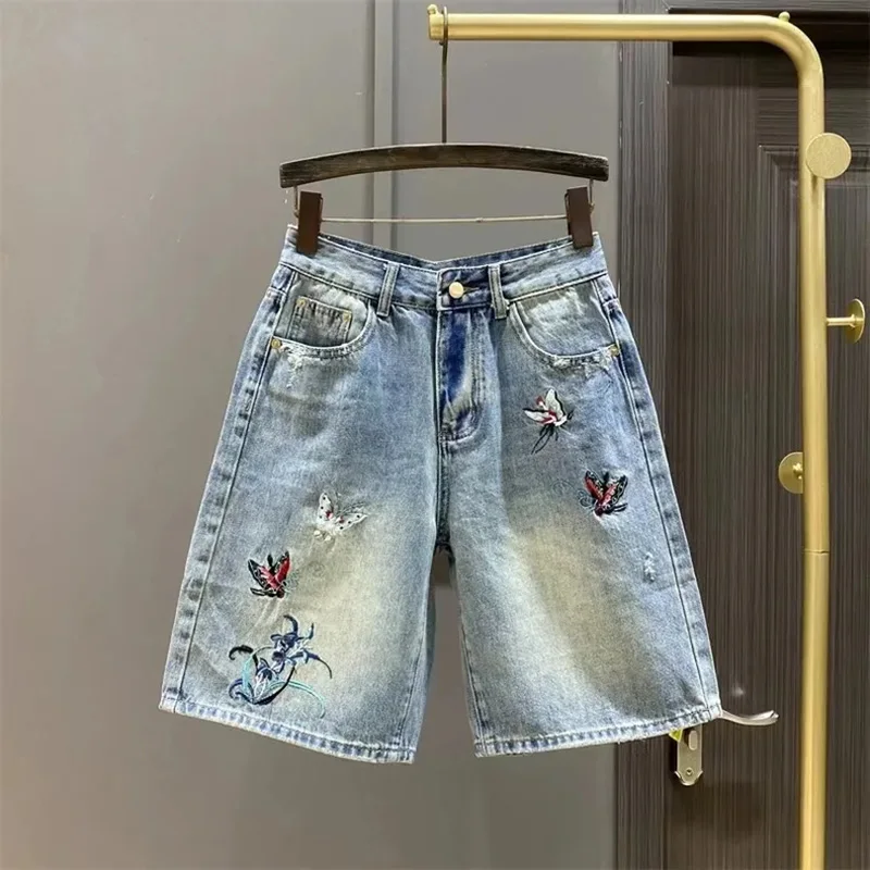 

Vintage Women Summer Elastic Waist Floral Embroidery Denim Shorts Office Lady Casual Loose Jean Short Spodenki Damskie