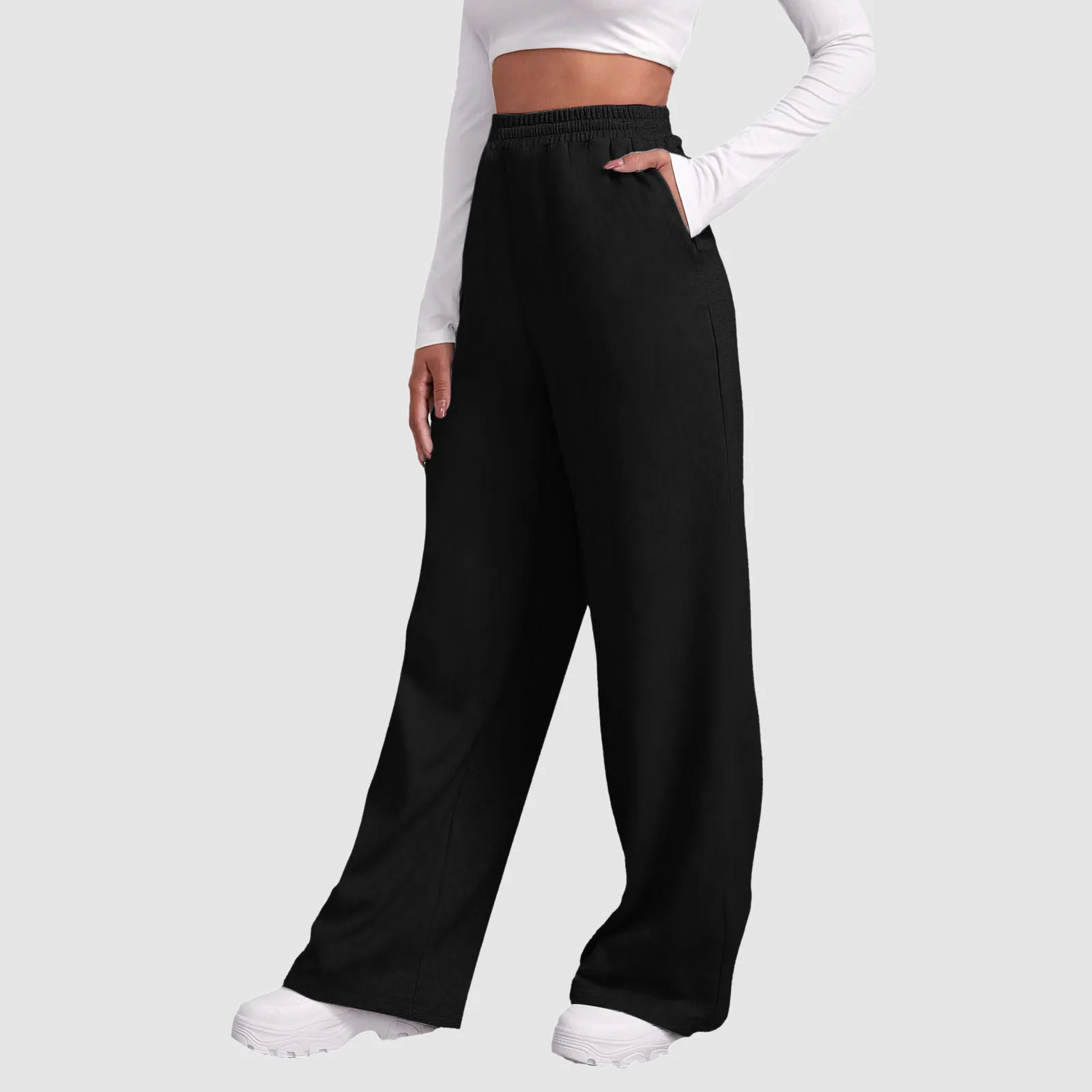 Calça de lã de perna larga feminina, calça de fundo reto, corredores de fitness simples com tudo, calça básica de viagem, 2024