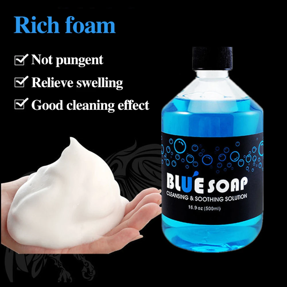 Kit de botella de plástico para limpieza de tatuajes, jabón líquido, algas y espuma de 500ML, solución calmante azul para tatuajes, 40/200ML