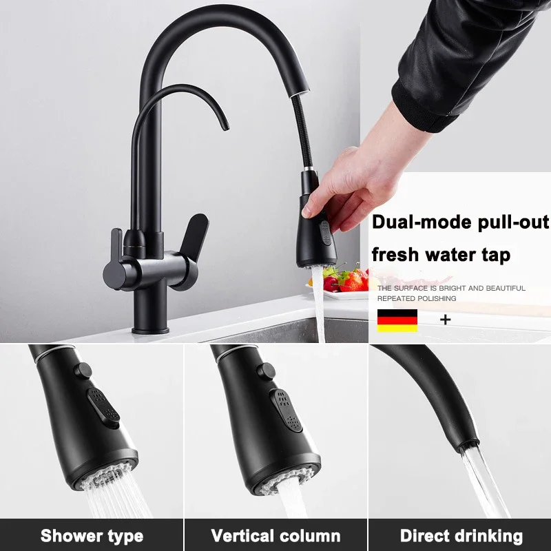 

Kitchen Pull Out Faucet Filtered Crane 360 Rotation Water Filter Tap Spray Dual Handle Hot and Cold Water Filter Drinking Tap