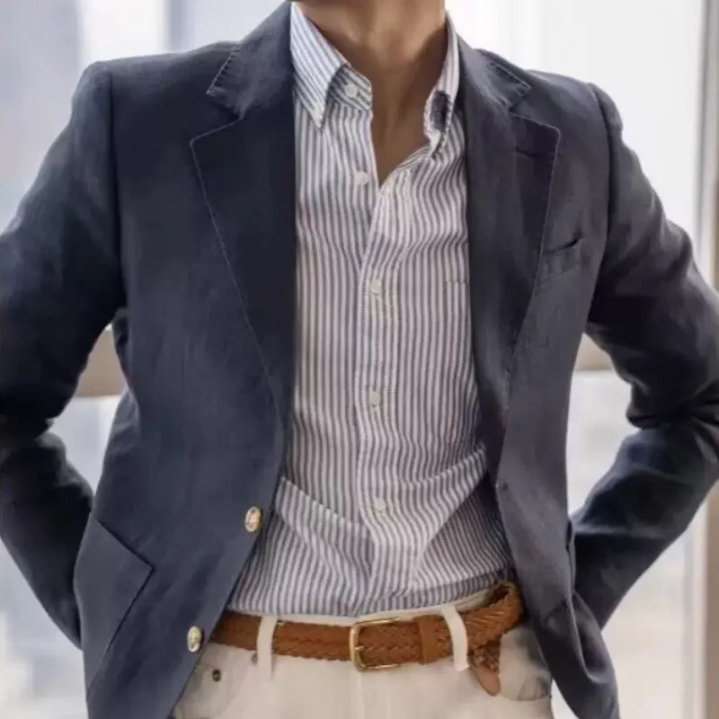 Autumn linen casual fashionable breathable suit thin jacket, business office breathable half mile slim fit light luxury jacket