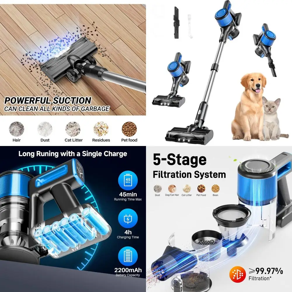 8-in-1 Lightweight Stick Vacuum Cleaner, 45-Minute Runtime, Strong Suction, Cordless for Hard Floors and Carpets, Pet Hair Remov