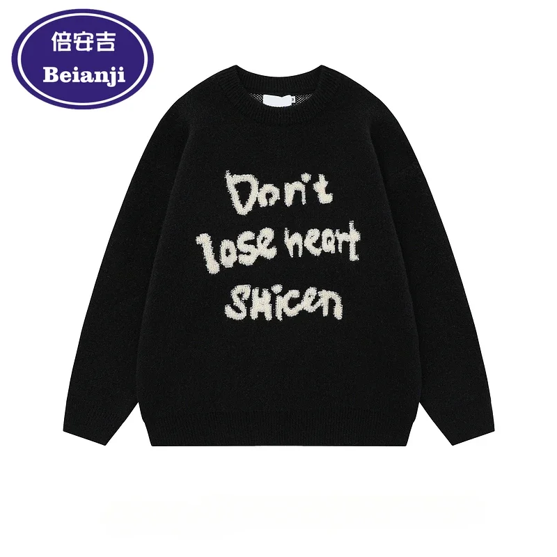 

Beianji sweater trend brand simple letter flocking black men's autumn and winter oversize lazy wind pullover round neck sweater